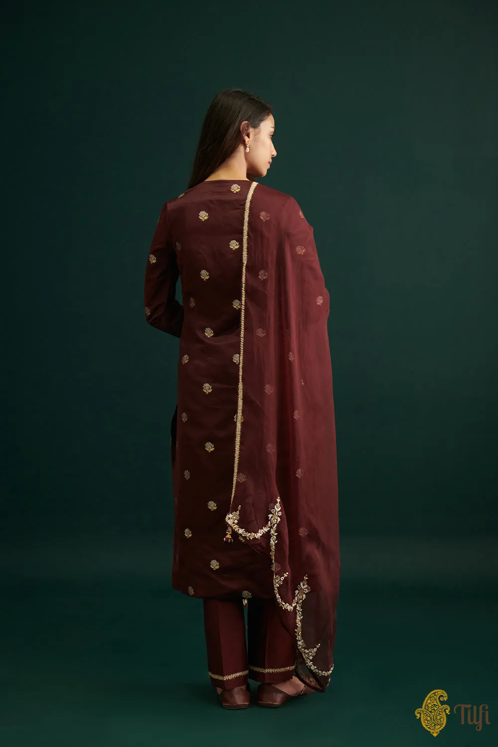 Burgundy Pure Satin Silk Kurta with Hand-embroidered Pants and Dupatta