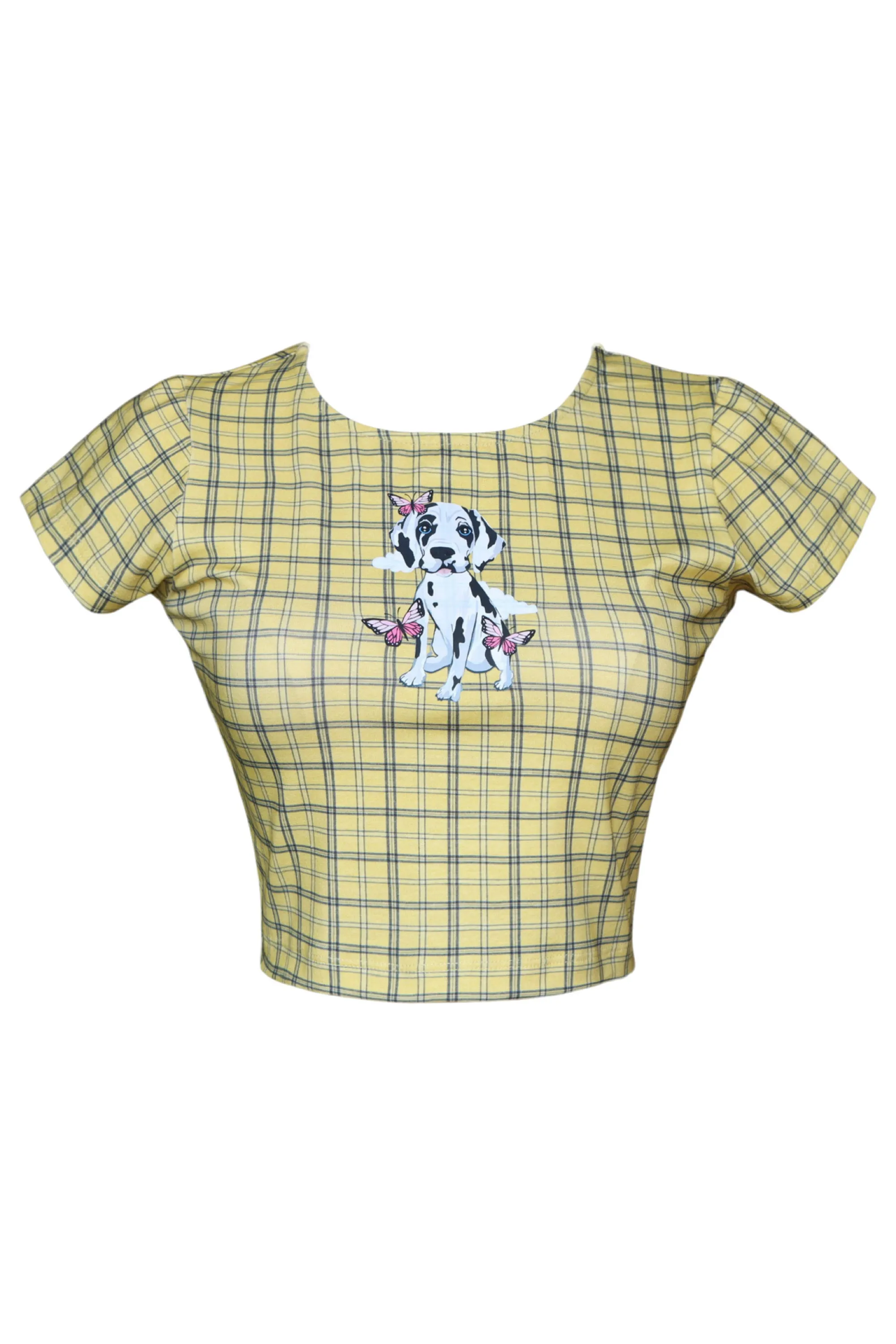 Cloud Haven Plaid Sweet Dane Tee | Yellow Plaid Graphic Baby Tee