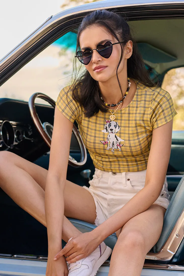 Cloud Haven Plaid Sweet Dane Tee | Yellow Plaid Graphic Baby Tee