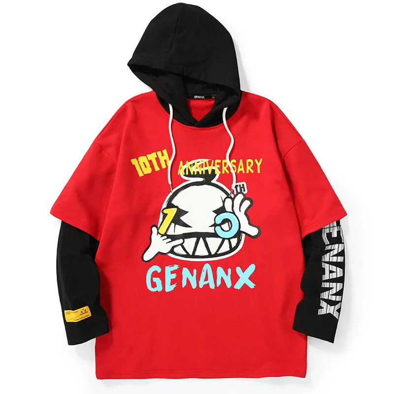 Color Block Fake Two Piece Print Hoodies