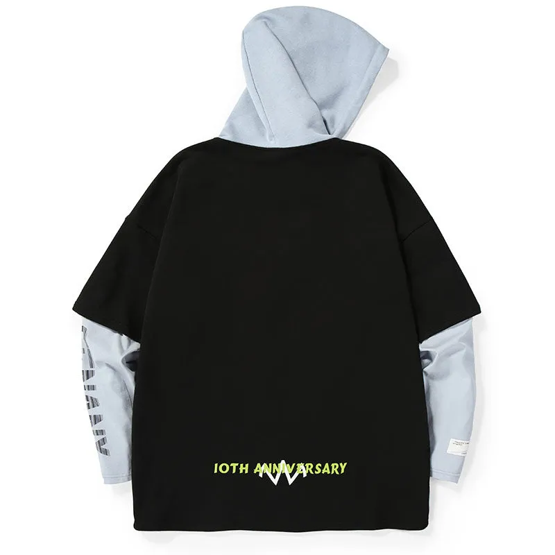 Color Block Fake Two Piece Print Hoodies