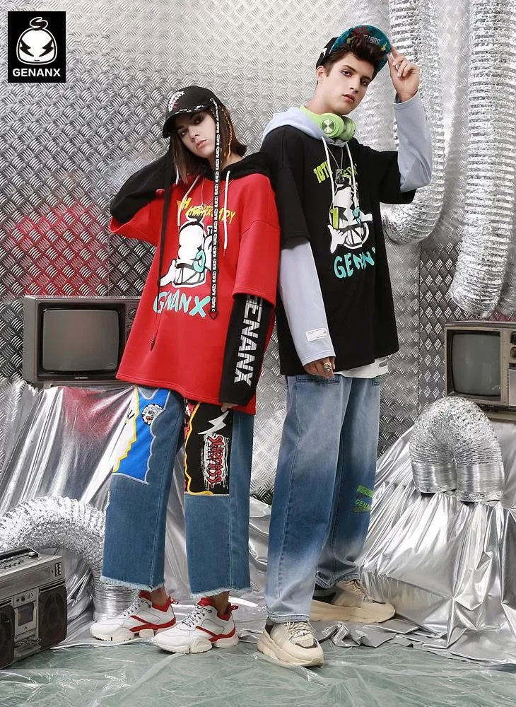 Color Block Fake Two Piece Print Hoodies