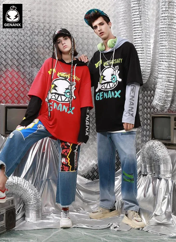 Color Block Fake Two Piece Print Hoodies