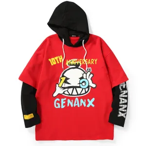 Color Block Fake Two Piece Print Hoodies