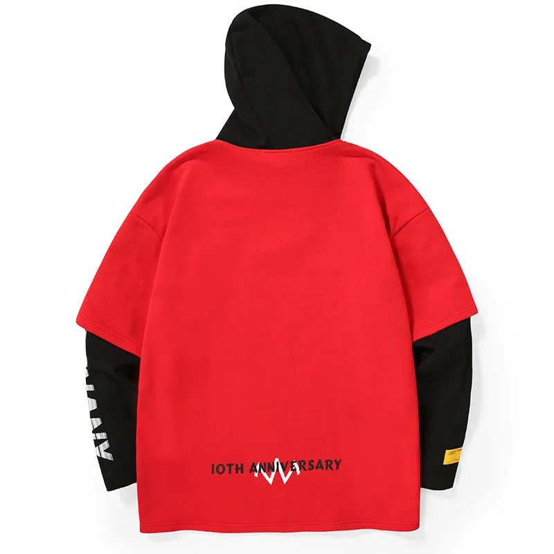 Color Block Fake Two Piece Print Hoodies