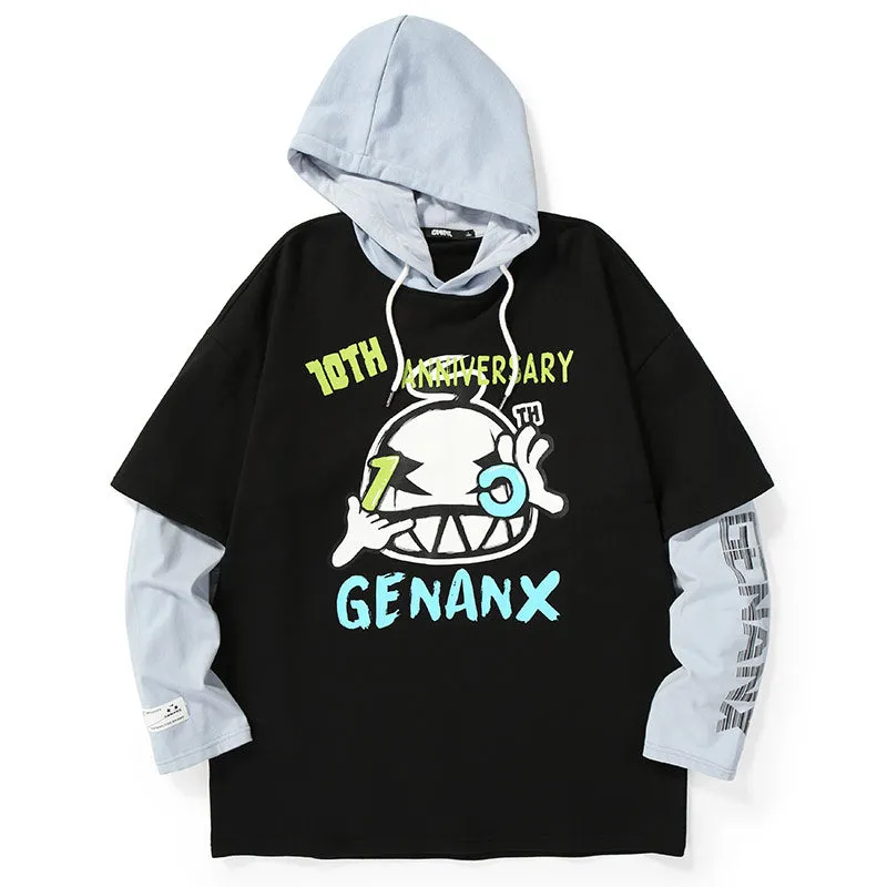 Color Block Fake Two Piece Print Hoodies