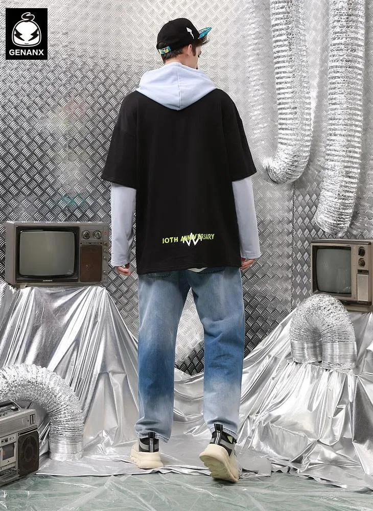 Color Block Fake Two Piece Print Hoodies