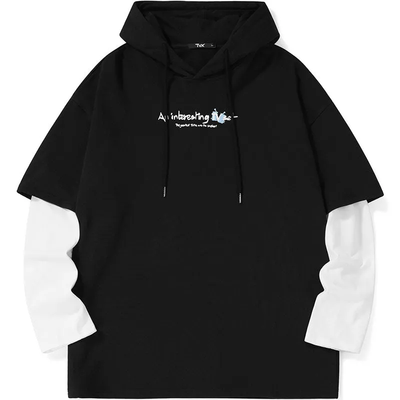 Contrast Color Print Fake Two Piece Hoodies