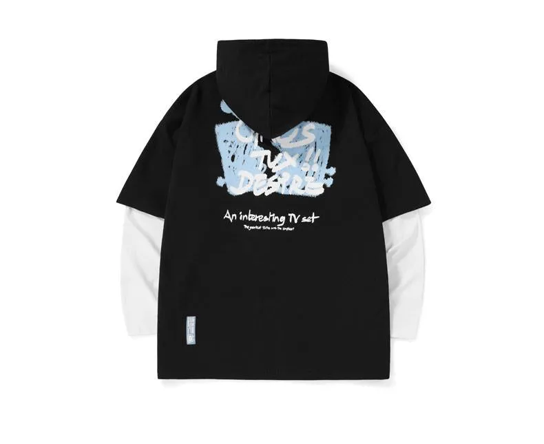 Contrast Color Print Fake Two Piece Hoodies
