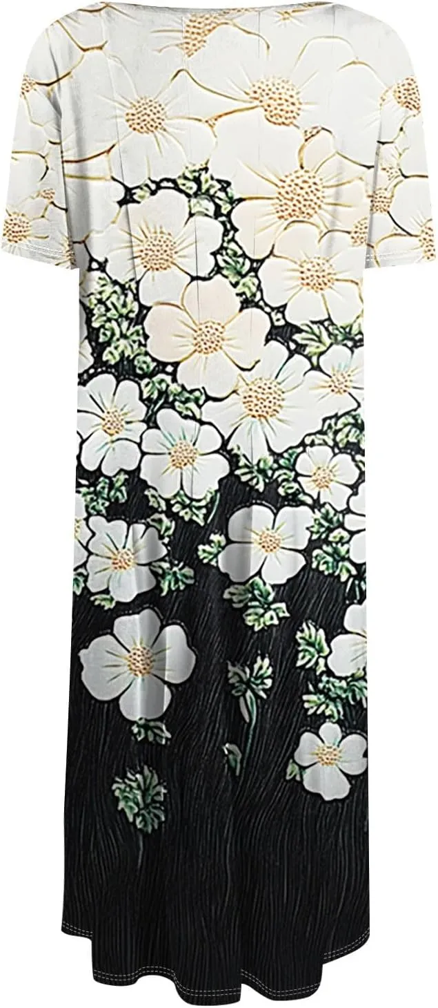 COTECRAM Summer Dress for Women 2025 Vacation Casual Short Sleeve Floral Boho Dresses Beach Flowy Midi Sundress with Pockets