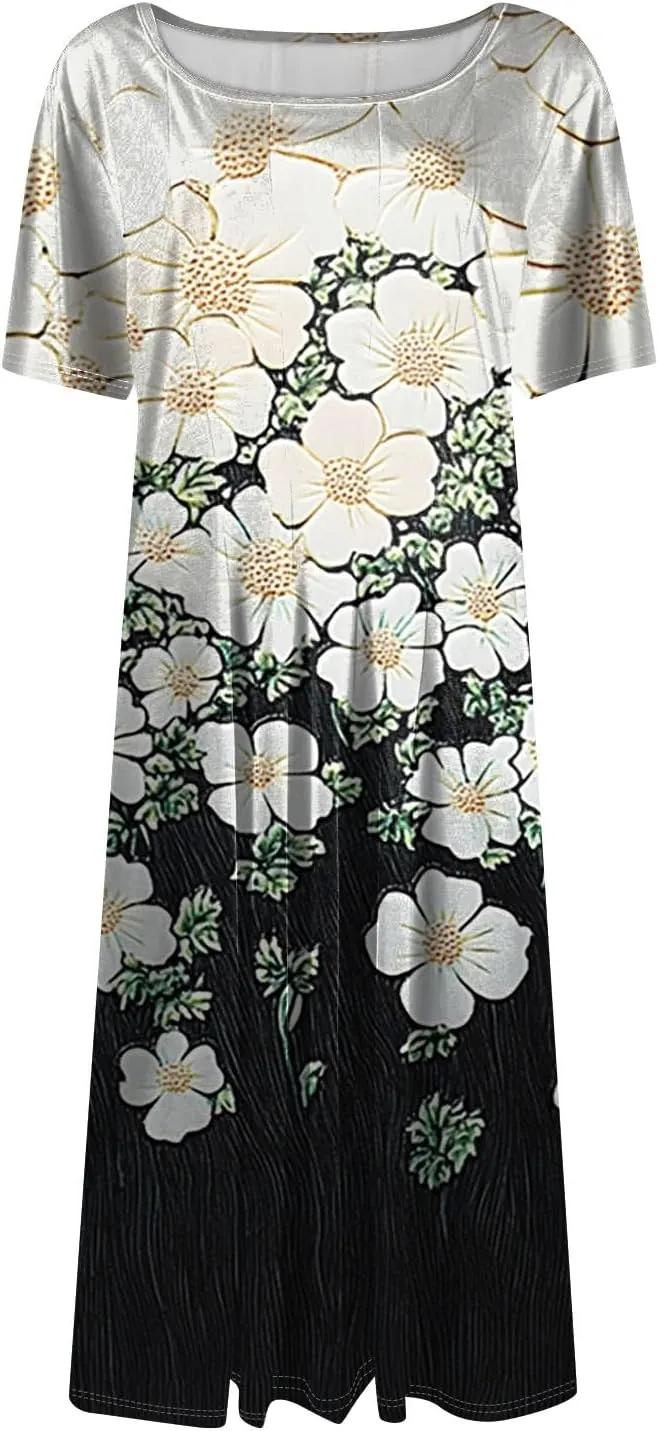 COTECRAM Summer Dress for Women 2025 Vacation Casual Short Sleeve Floral Boho Dresses Beach Flowy Midi Sundress with Pockets