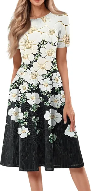 COTECRAM Summer Dress for Women 2025 Vacation Casual Short Sleeve Floral Boho Dresses Beach Flowy Midi Sundress with Pockets