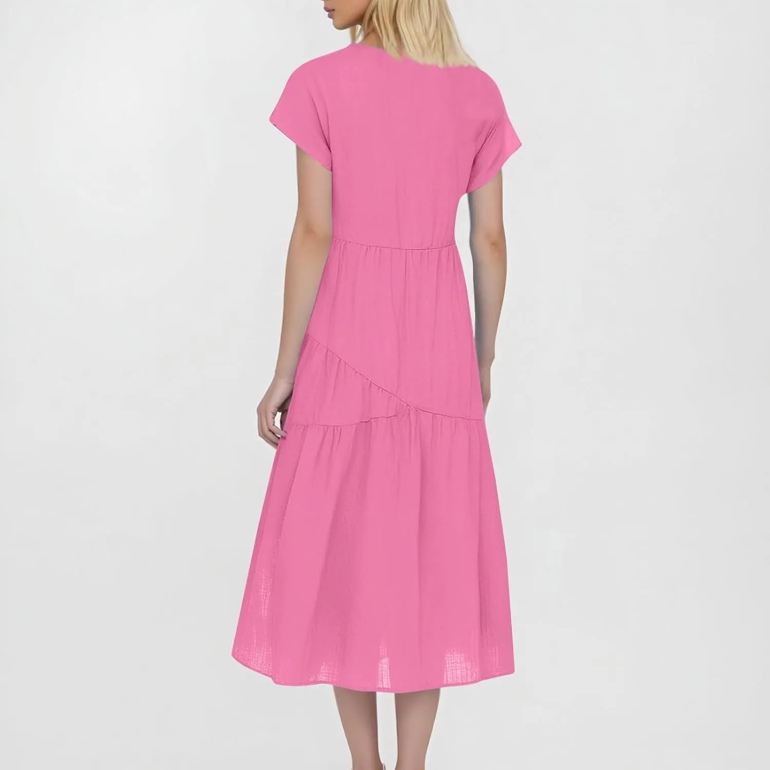 Cotton Linen Dresses for Women 2025 Summer Short Sleeve Midi Beach Dress A Line Flowy Dresses Shirt Dress with Pocket