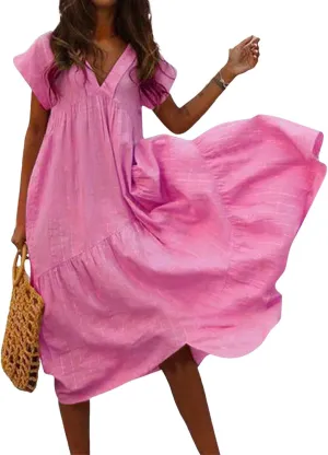 Cotton Linen Dresses for Women 2025 Summer Short Sleeve Midi Beach Dress A Line Flowy Dresses Shirt Dress with Pocket