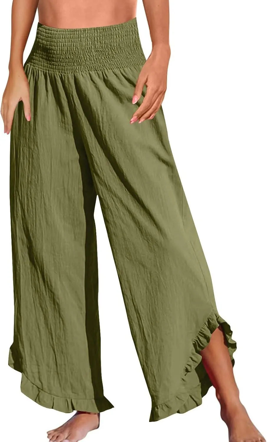 Cotton Linen Pants Women Relaxed Fit Casual Flowy Wide Leg Beach Pants Lightweight Travel Vacation Trousers with Pockets
