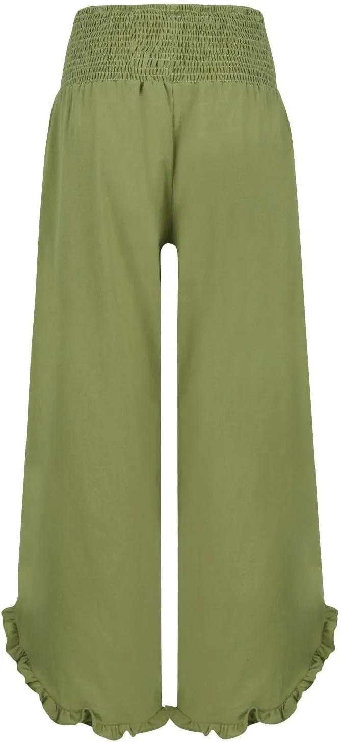 Cotton Linen Pants Women Relaxed Fit Casual Flowy Wide Leg Beach Pants Lightweight Travel Vacation Trousers with Pockets