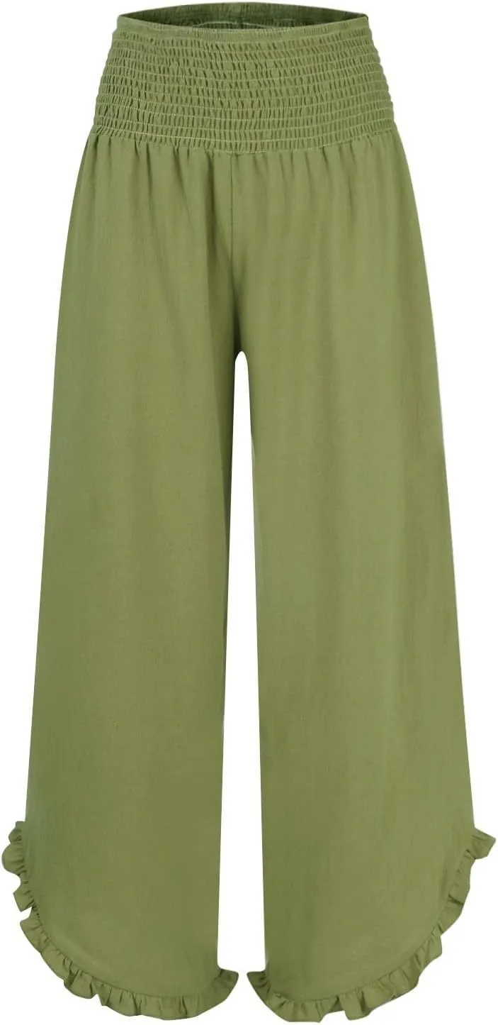 Cotton Linen Pants Women Relaxed Fit Casual Flowy Wide Leg Beach Pants Lightweight Travel Vacation Trousers with Pockets