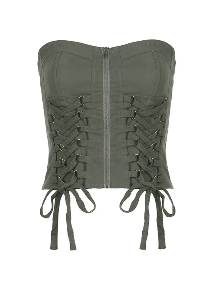 Criss Cross Lace Up Strapless Corset Top