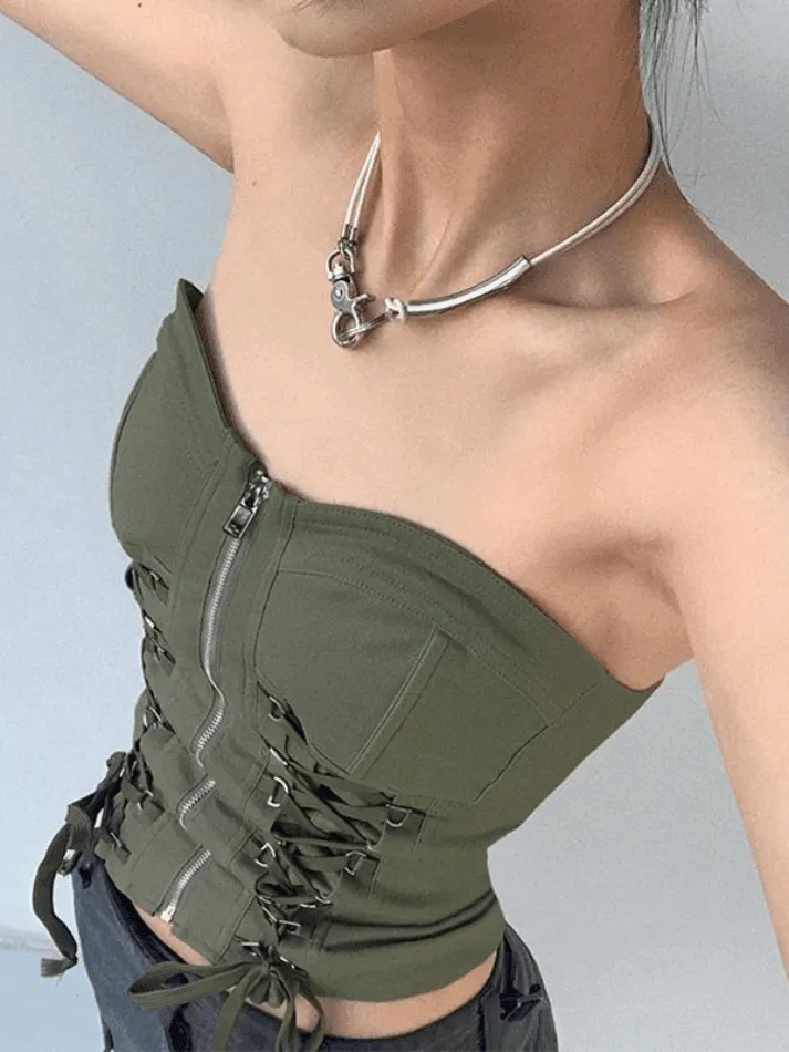 Criss Cross Lace Up Strapless Corset Top