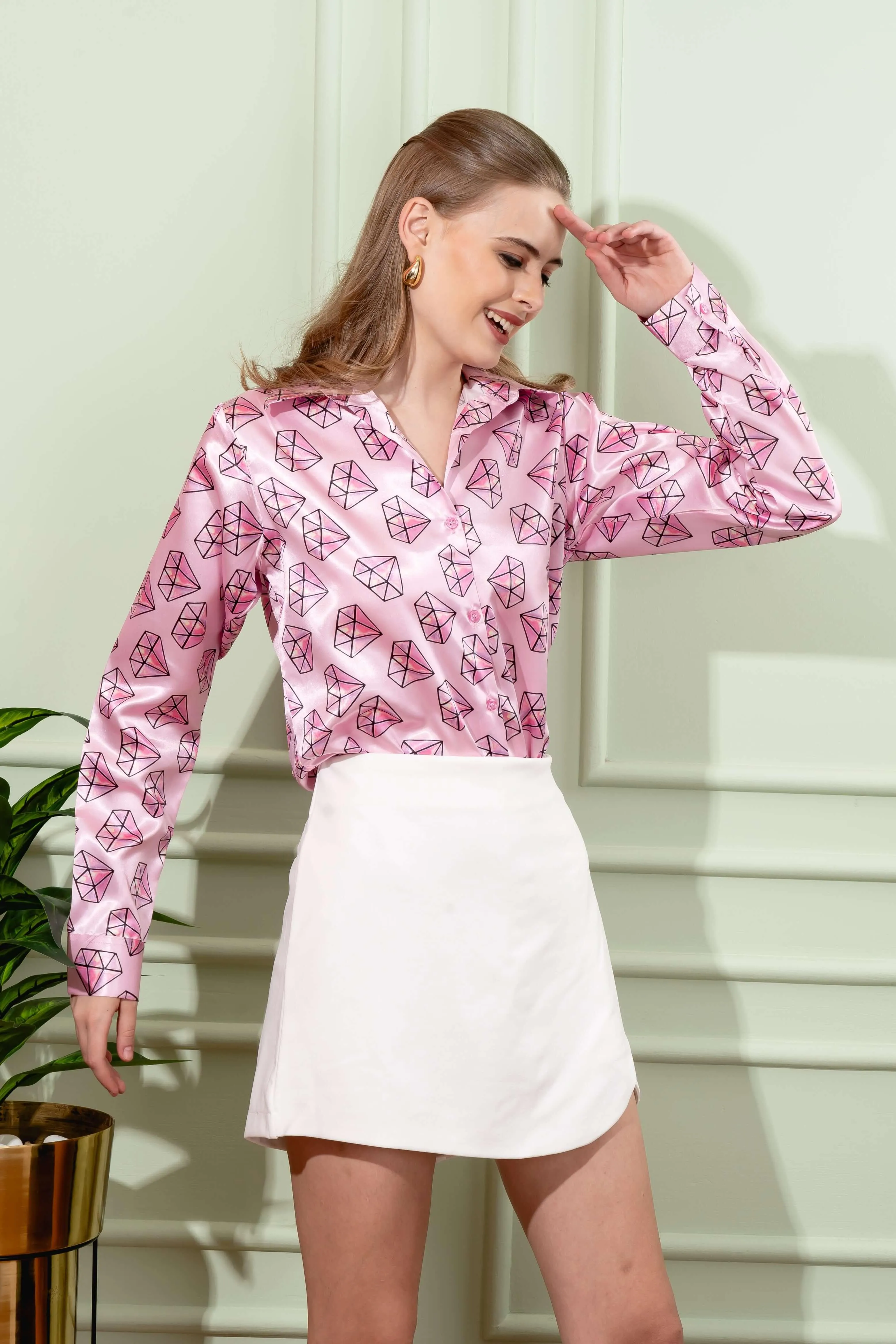Diamond Pink Printed Satin Shirt