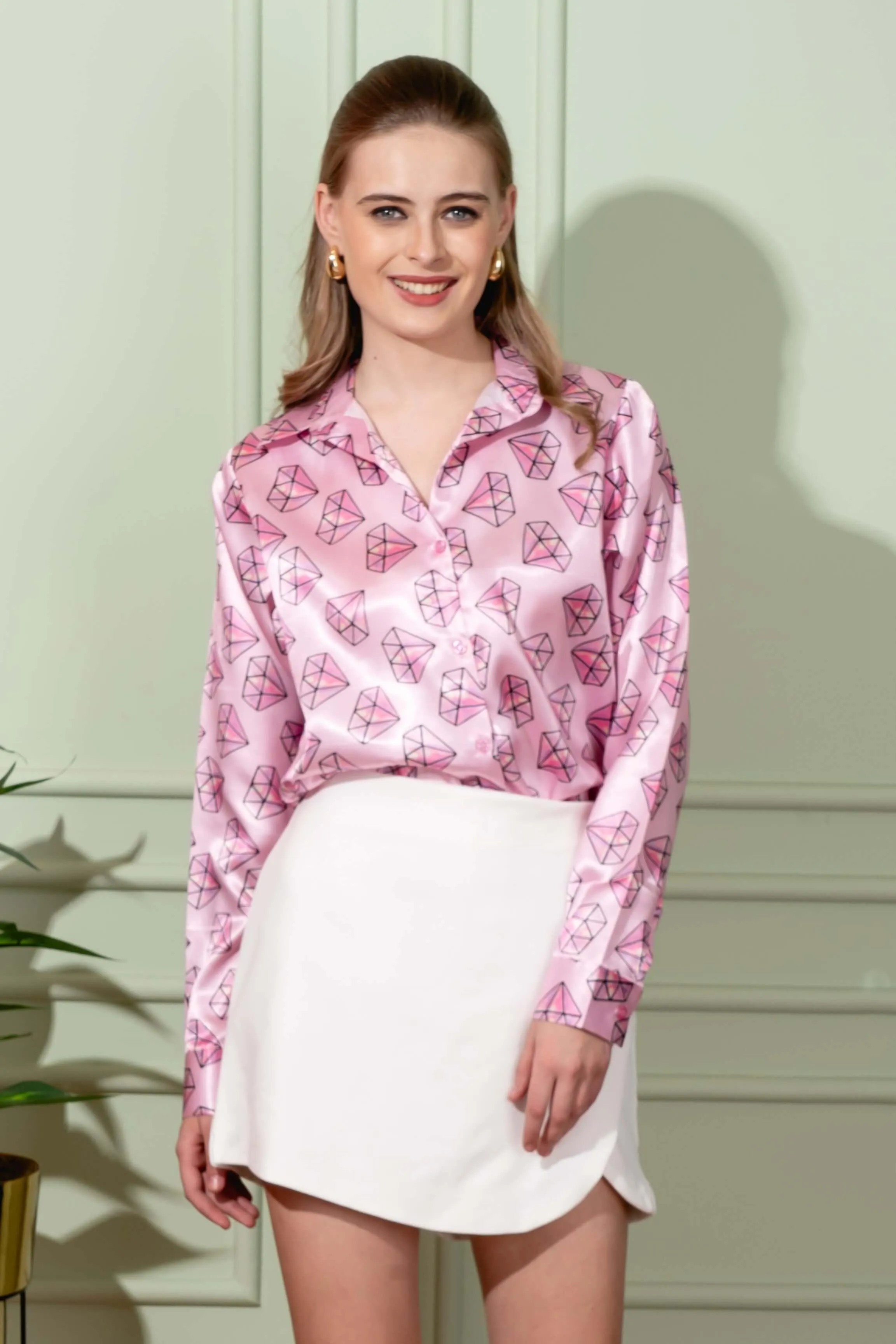 Diamond Pink Printed Satin Shirt