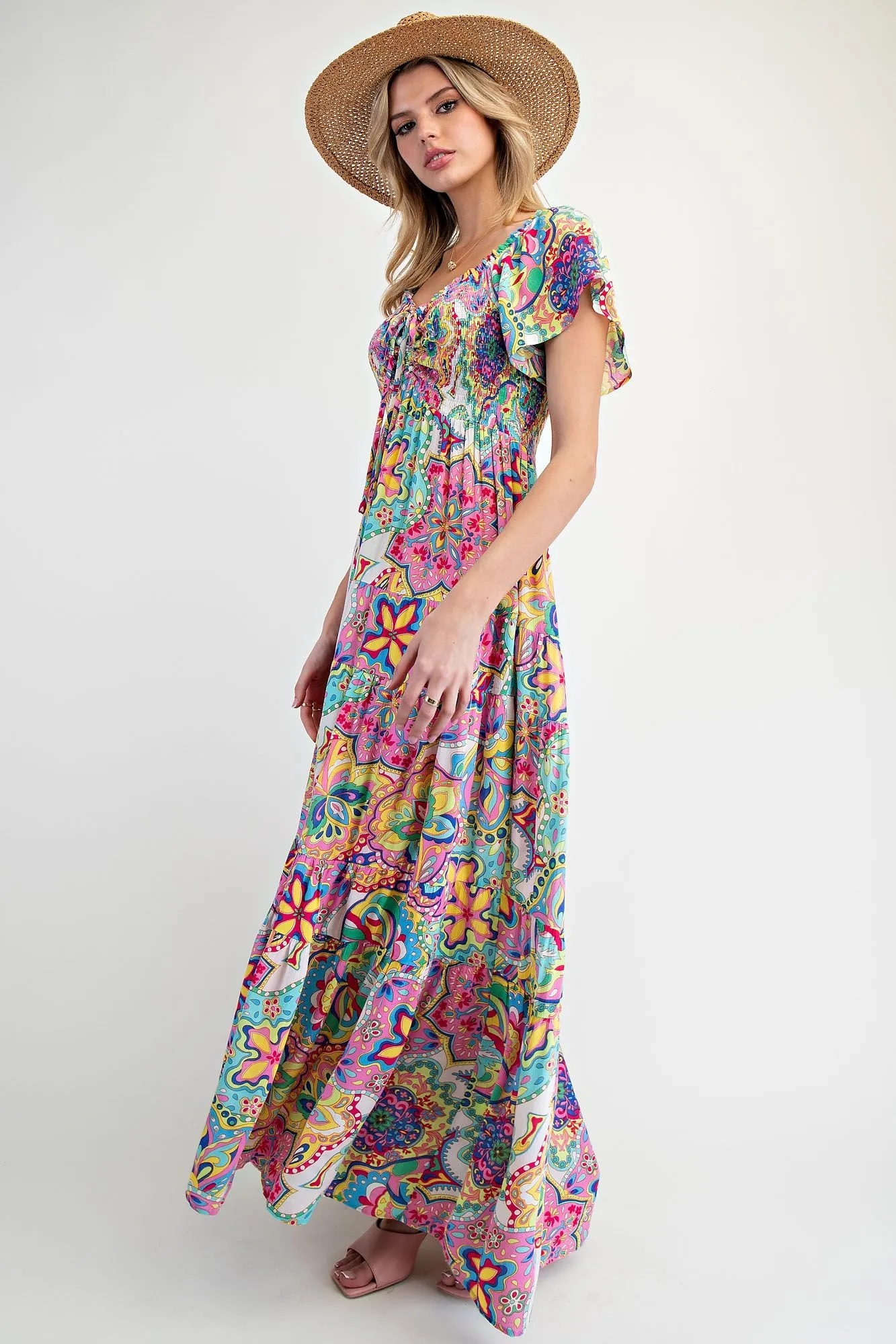 Easel Paisley Smocked Tiered Maxi Dress In Turquoise And Pink