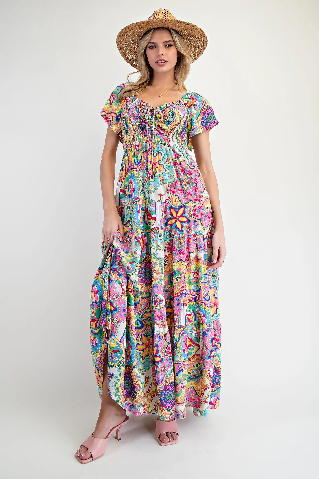 Easel Paisley Smocked Tiered Maxi Dress In Turquoise And Pink
