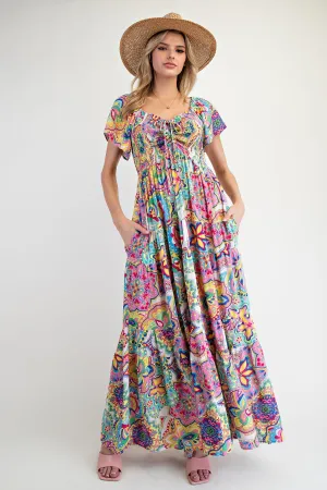 Easel Paisley Smocked Tiered Maxi Dress In Turquoise And Pink