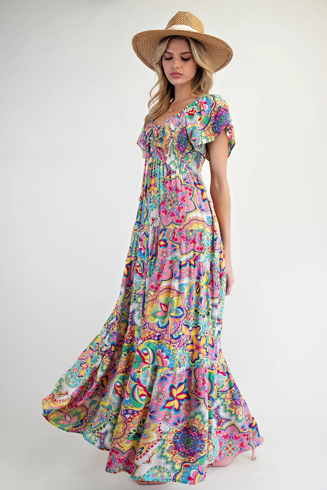 Easel Paisley Smocked Tiered Maxi Dress In Turquoise And Pink