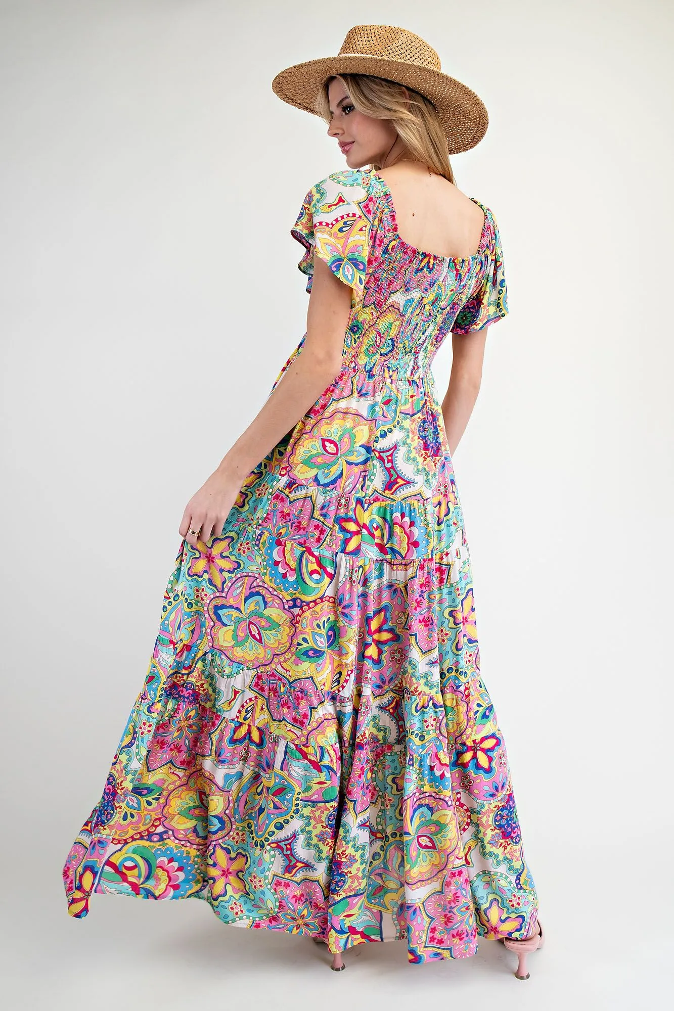 Easel Paisley Smocked Tiered Maxi Dress In Turquoise And Pink