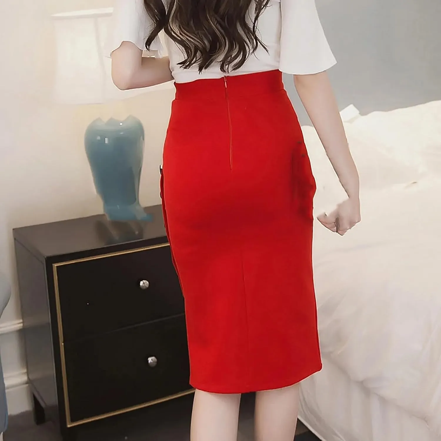 Elegant Vintage Office Women Slim Skirts High Waist Buttons Slit Pencil Skirts Women Stretch Midi Skirts