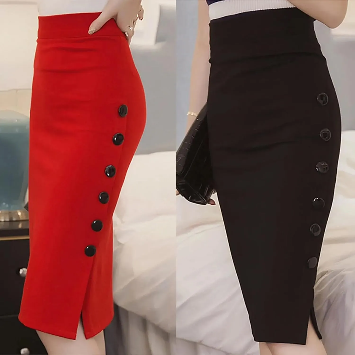 Elegant Vintage Office Women Slim Skirts High Waist Buttons Slit Pencil Skirts Women Stretch Midi Skirts