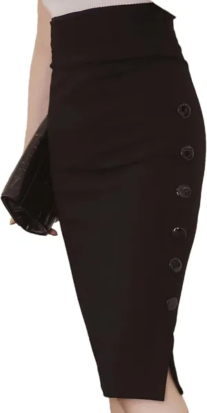 Elegant Vintage Office Women Slim Skirts High Waist Buttons Slit Pencil Skirts Women Stretch Midi Skirts