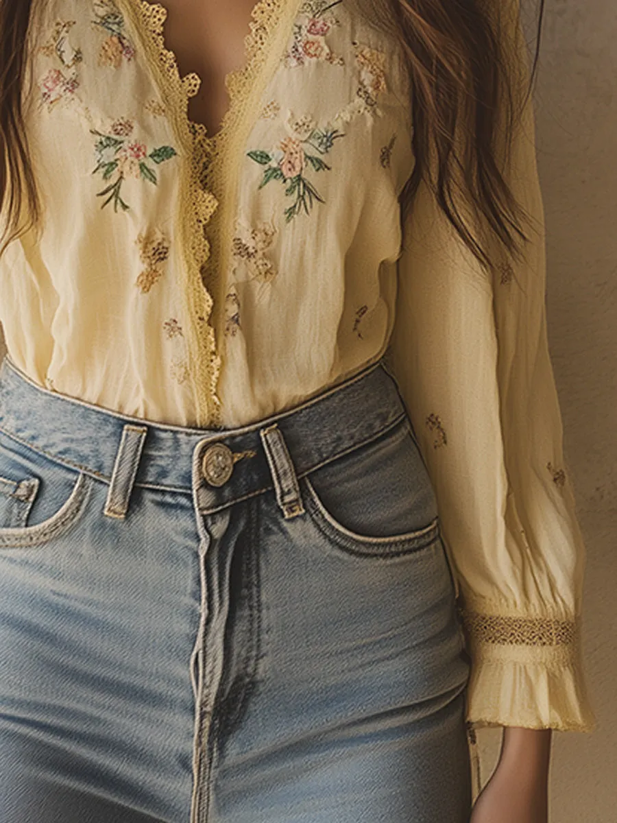 Elegant Yellow Floral Embroidery Blouse