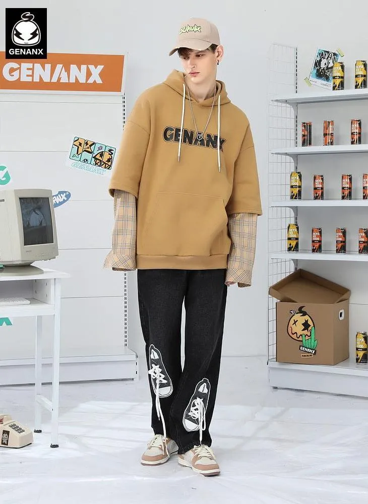 Fake Two Piece Plaid Typography Hoodies