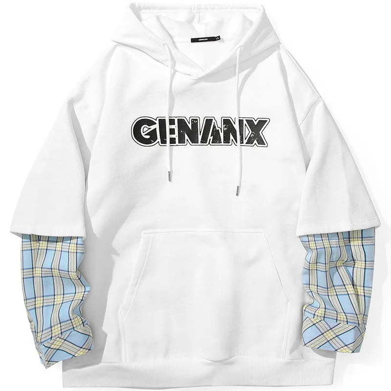 Fake Two Piece Plaid Typography Hoodies