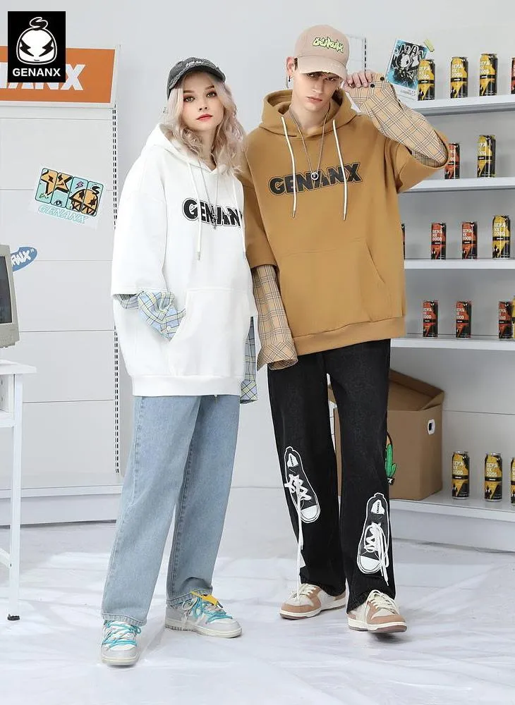 Fake Two Piece Plaid Typography Hoodies