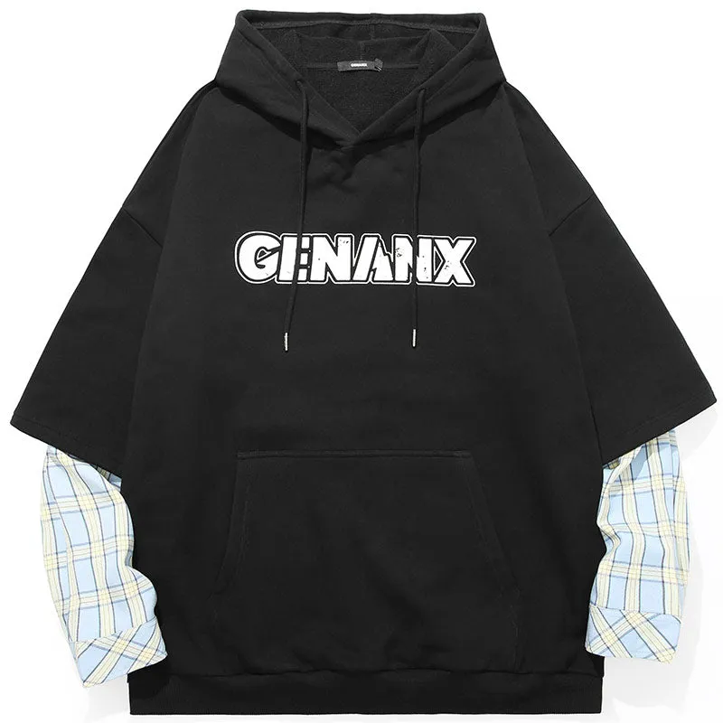 Fake Two Piece Plaid Typography Hoodies
