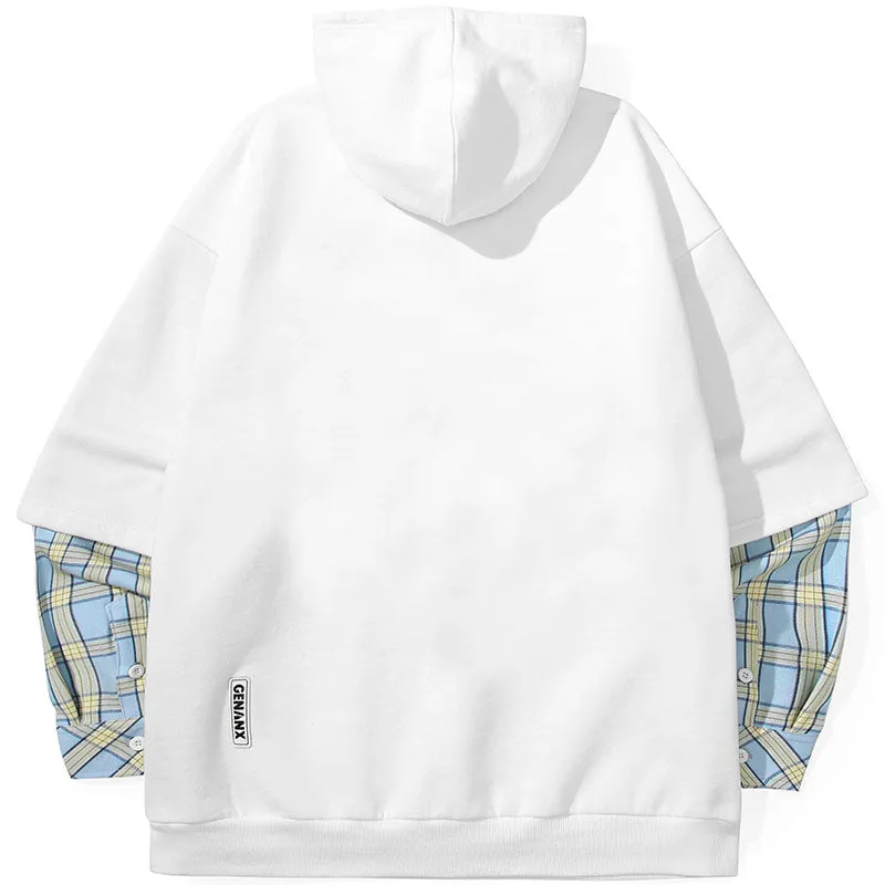 Fake Two Piece Plaid Typography Hoodies