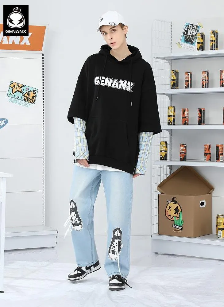 Fake Two Piece Plaid Typography Hoodies