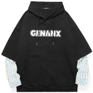 Fake Two Piece Plaid Typography Hoodies