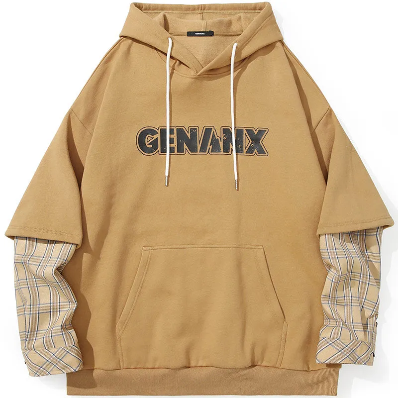 Fake Two Piece Plaid Typography Hoodies