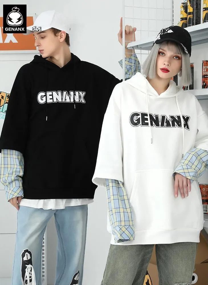 Fake Two Piece Plaid Typography Hoodies
