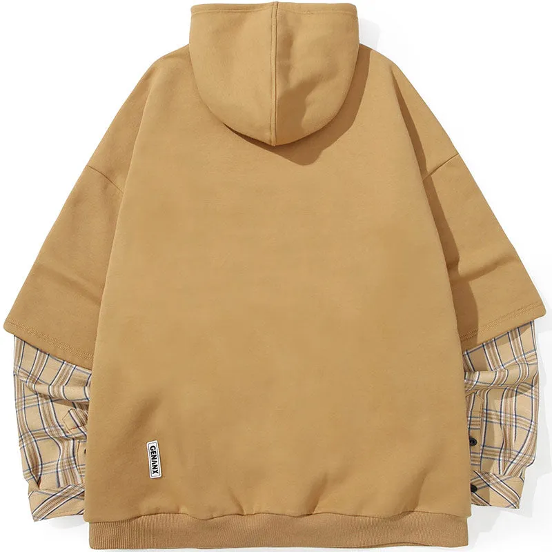Fake Two Piece Plaid Typography Hoodies