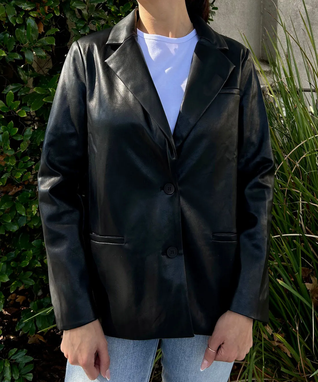 Faux Leather Two Button Blazer - Black - FINAL SALE