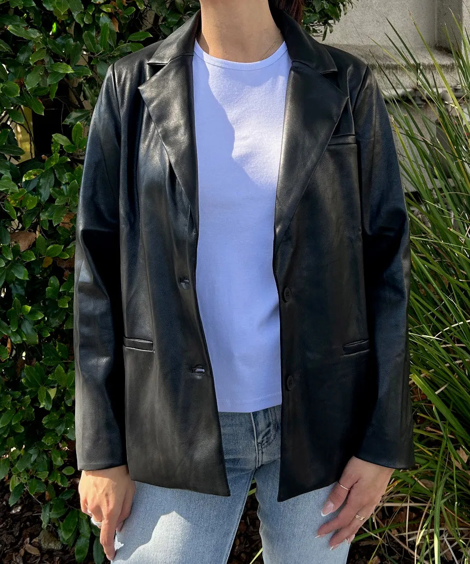 Faux Leather Two Button Blazer - Black - FINAL SALE