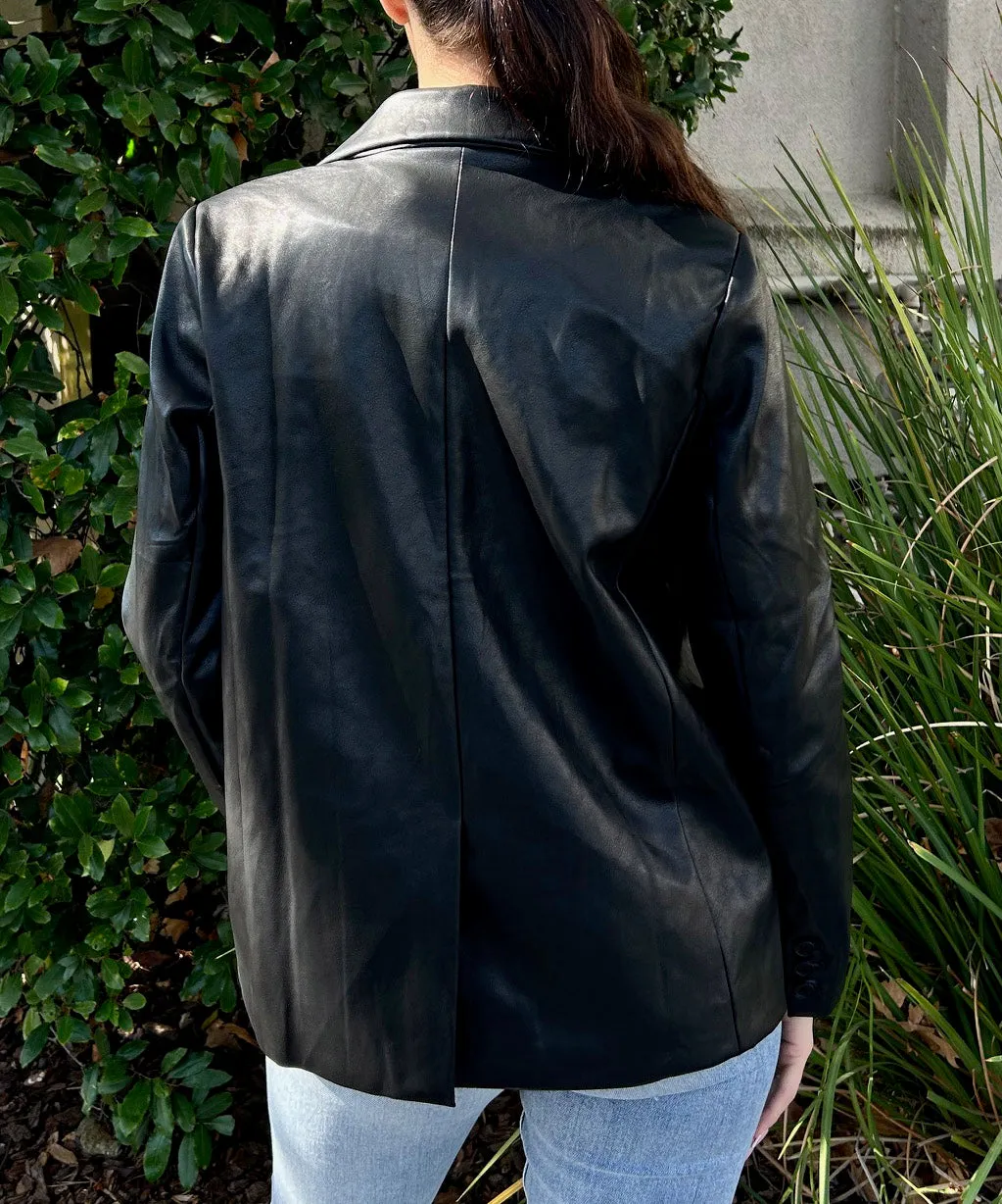Faux Leather Two Button Blazer - Black - FINAL SALE