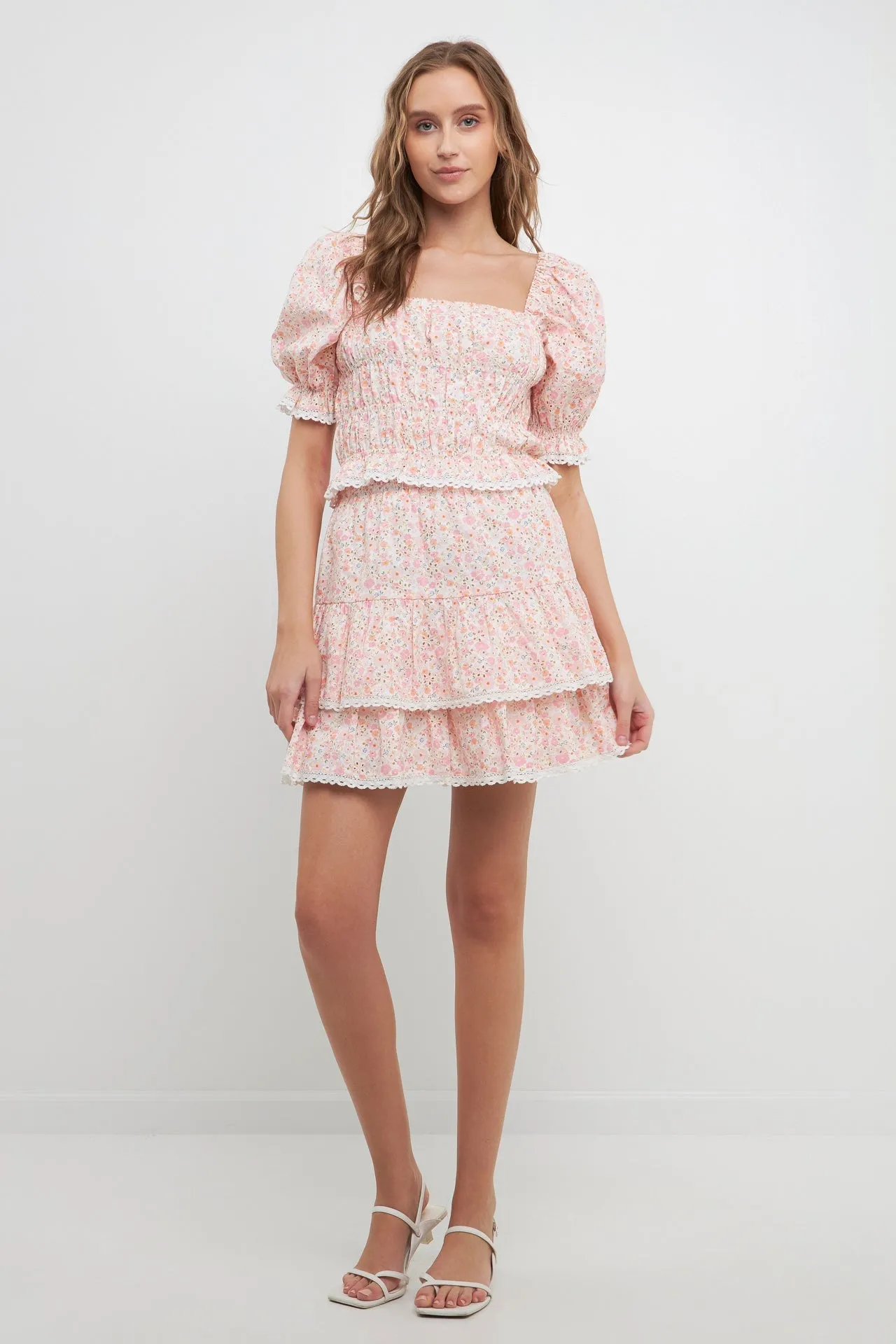 Floral Eyelet Ruffled Mini Skirt