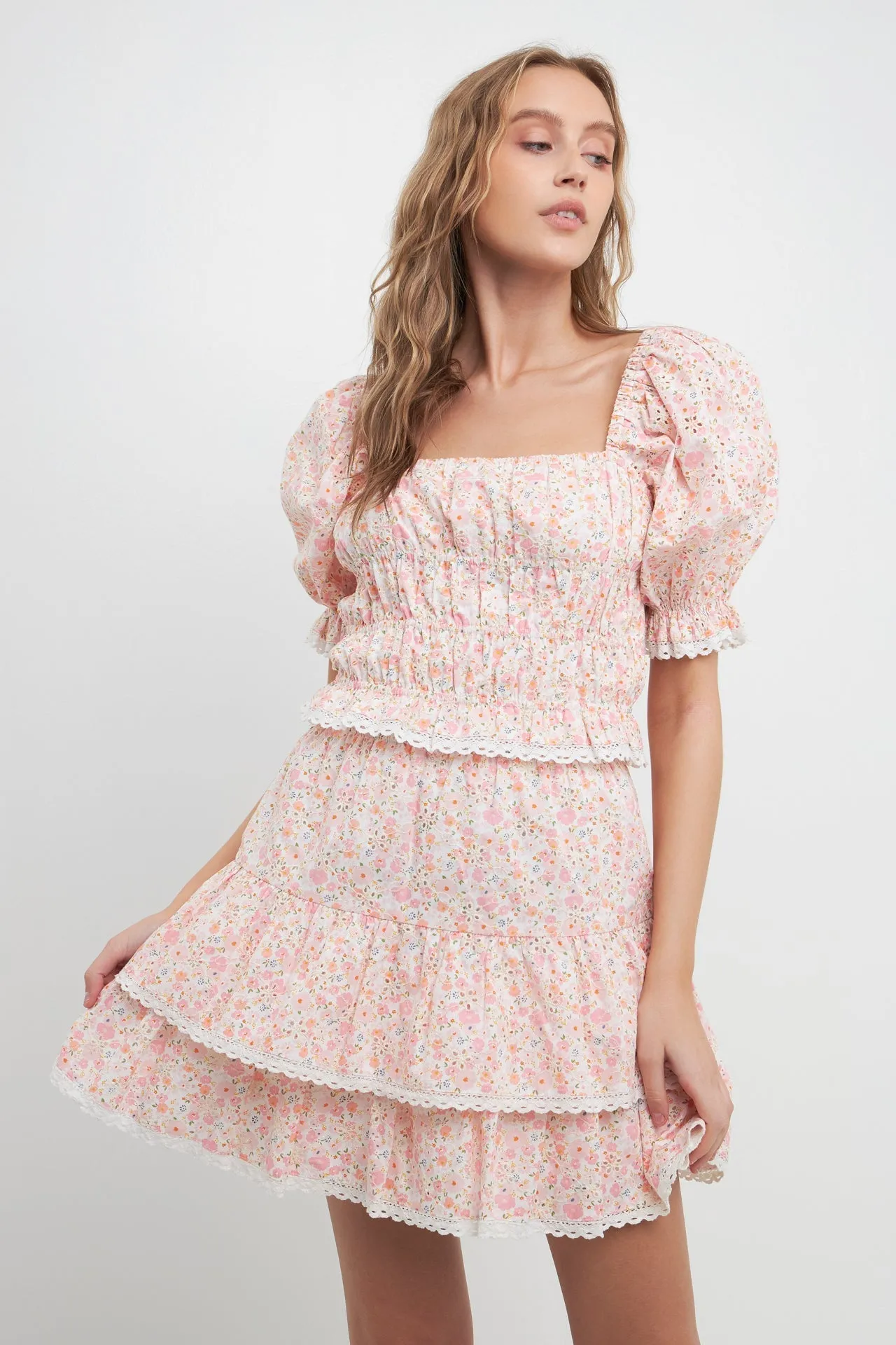 Floral Eyelet Ruffled Mini Skirt