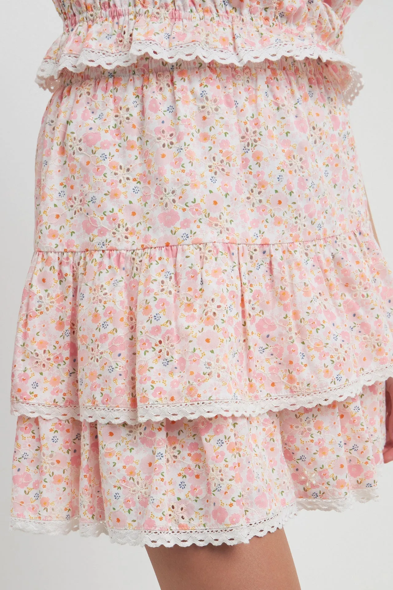 Floral Eyelet Ruffled Mini Skirt